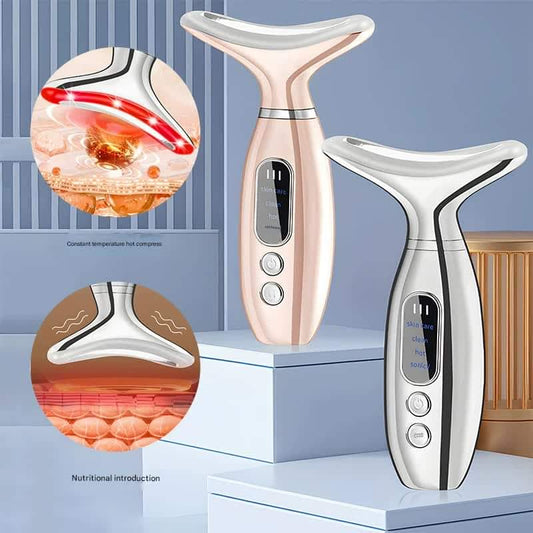 Two-tone neck and face beauty massagers, pink and white, with digital display