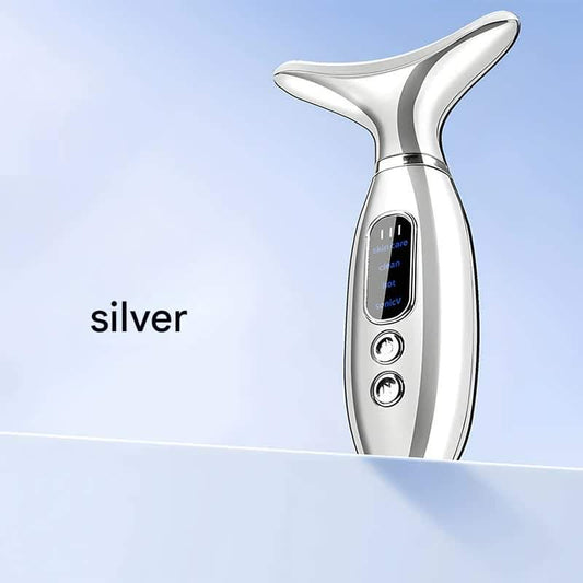 Silver-white neck and face beauty massager with curved head and display screen