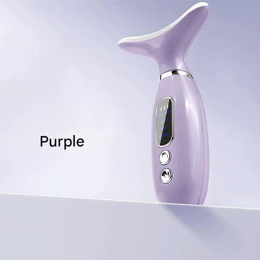 Purple neck and face beauty massager with screen and three round control buttons
