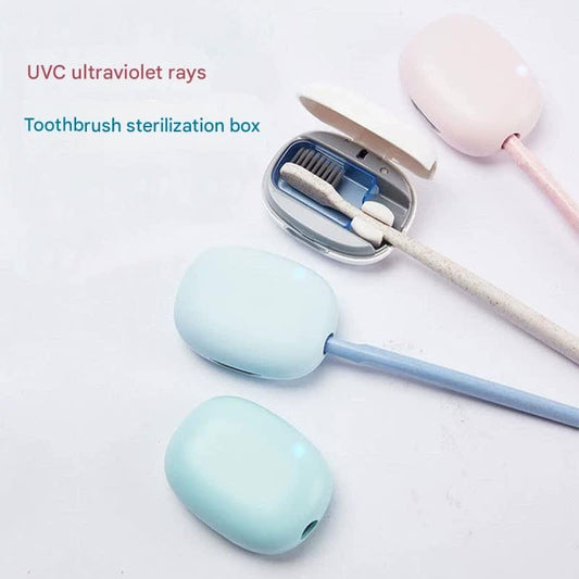 Toothbrush sterilizer case with open tray holding two toothbrushes and a closed lid