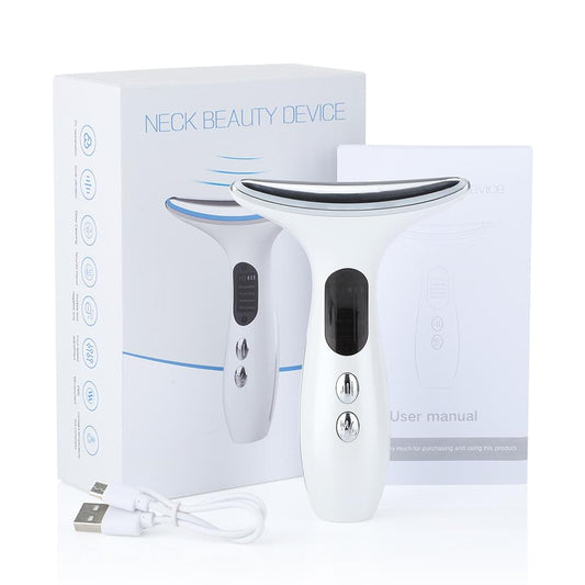 White LED neck beauty device in retail box, black center panel, curved head