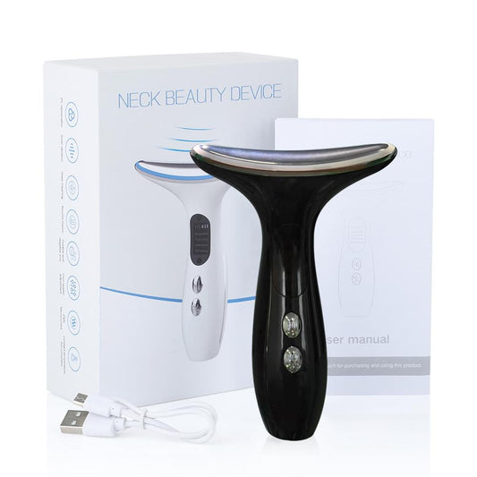 Black and white boxed neck beauty device with a white cord and handheld unit