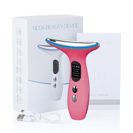 Pink and white neck beauty device with LED light strip and control buttons