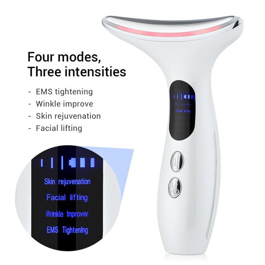 White neck beauty device with blue LED panel and pink-tinted light rim