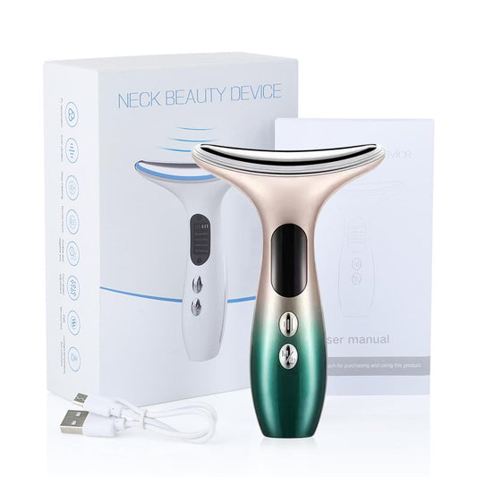 White and black LED neck beauty device with curved light strip and control panel in box