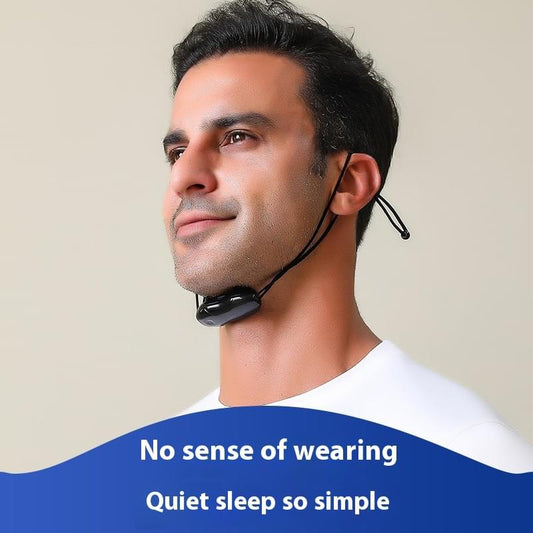 Black throat massager neck device with adjustable band, worn around the throat.