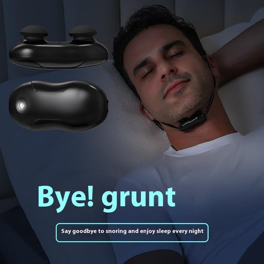 Black throat massager worn on neck by a sleeping person, adjustable strap.