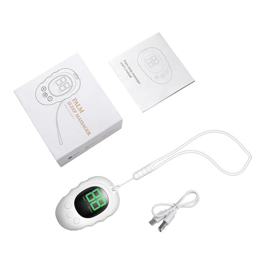 White palm sleep massager with USB charging cable and instruction cards
