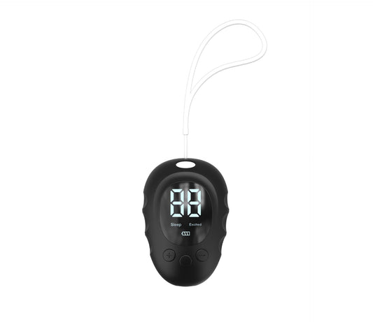 Black handheld microcurrent sleep aid device with LED display and charging cable