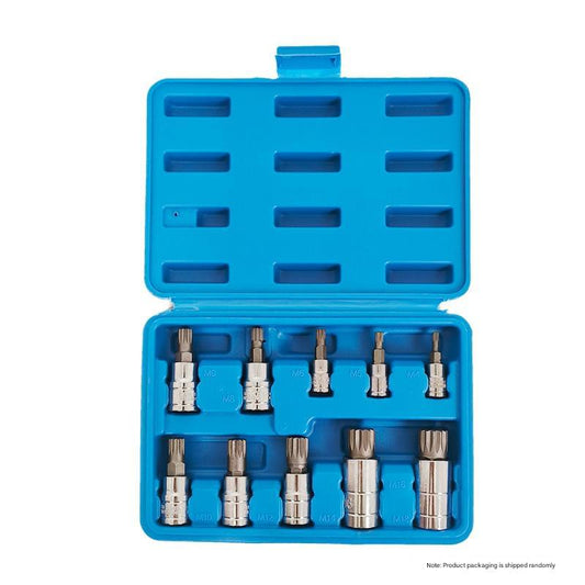 Socket bit set with open blue storage case showing 10 chrome sockets