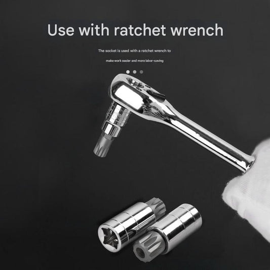 Chrome socket bit set with ratchet wrench drive and hex socket adapter pieces