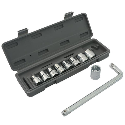 Gray L-shaped socket wrench set with chrome metric sockets in a plastic storage case