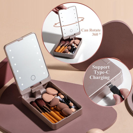 Travel makeup brush kit open case with LED mirror and assorted brushes and sponges