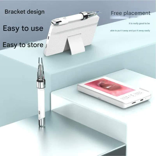 White wireless ear cleaning device with stand and small ear tool tips