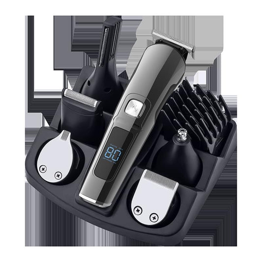 Grey cordless hair clipper with blue LED display and grooming attachment stand
