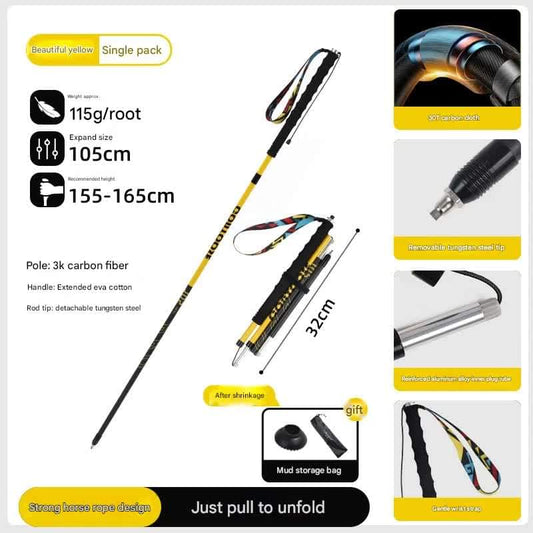 Foldable trekking pole in black and yellow with wrist strap and compact storage pieces