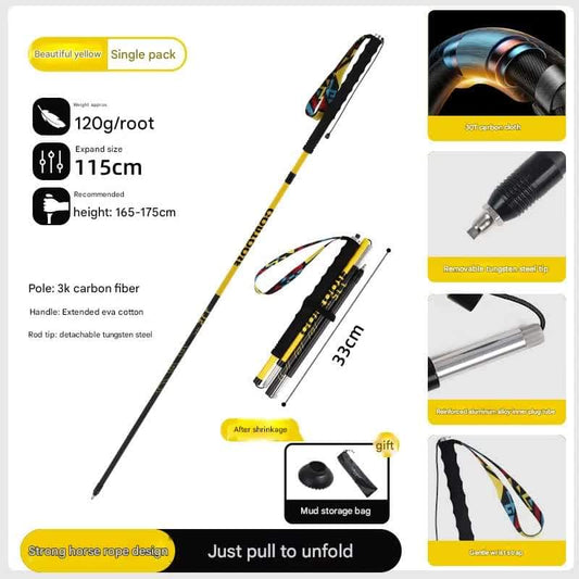 Yellow and black foldable trail pole with wrist strap and compact folded size, 115cm