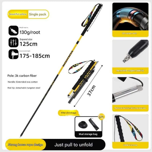 Ultralight carbon fiber foldable hiking pole, yellow and black with strap and tip protector
