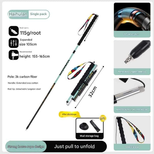 Foldable carbon fiber trekking pole with wrist strap, black shaft with yellow accents.