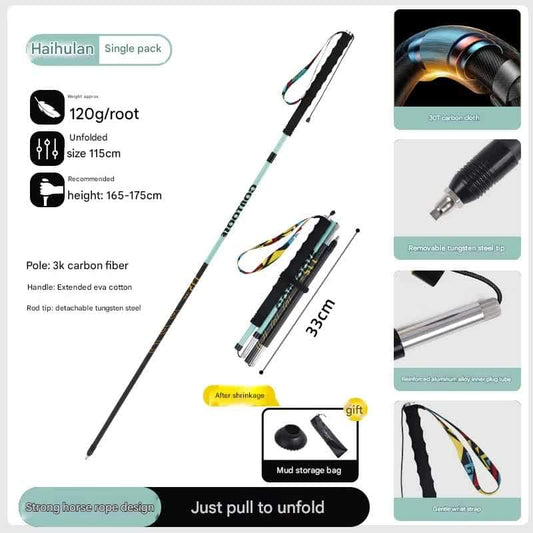 Foldable trail running pole with wrist strap and mud storage bag, carbon fiber sections.