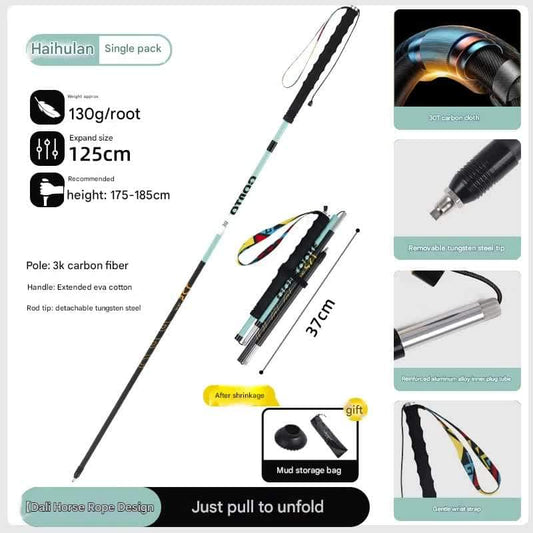 Foldable trail trekking pole, black shaft with blue accents and compact carrying loop