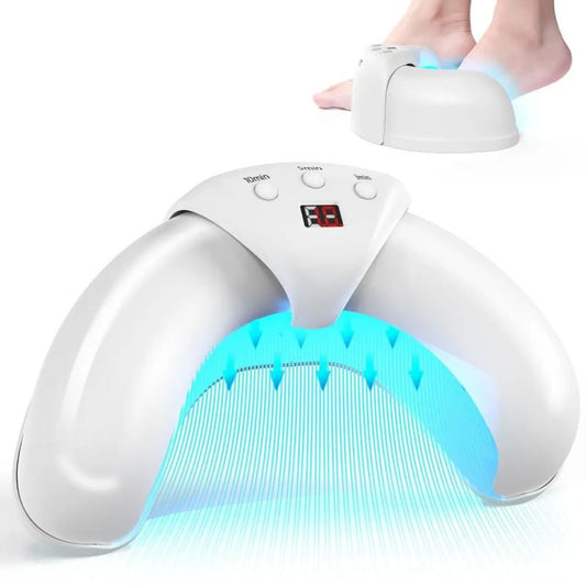 White open-arch UV LED nail lamp with glowing blue light and control panel