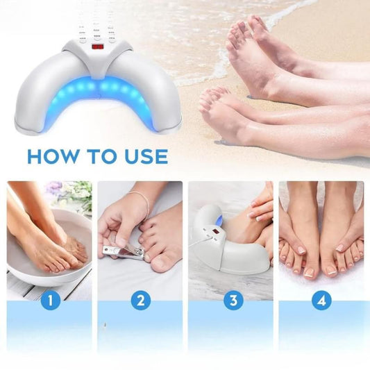 White portable UV LED nail lamp with open arch, curing a hand