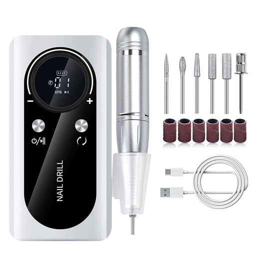 Rechargeable nail drill machine with silver handpiece, bit set, and power cord attachment