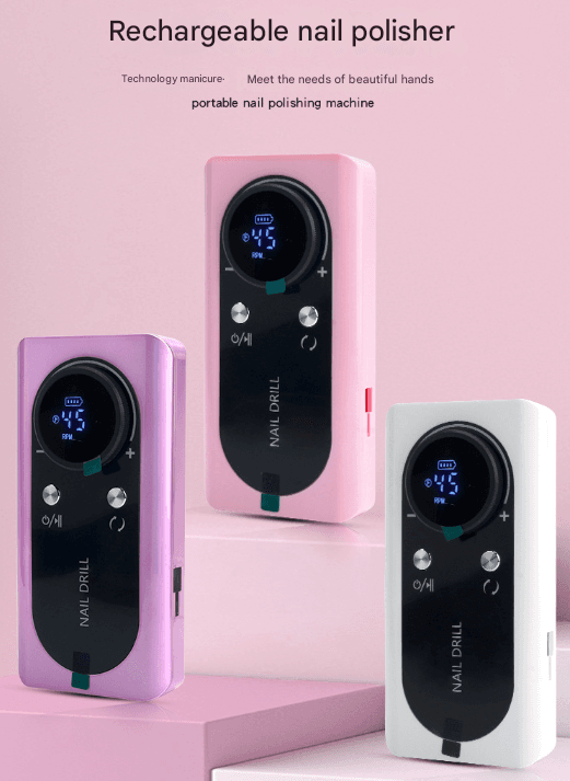 Rechargeable nail polishers with black control panels, shown in three unit colors
