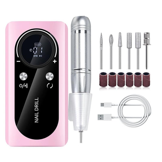 Pink nail drill machine with black control panel and RPM display