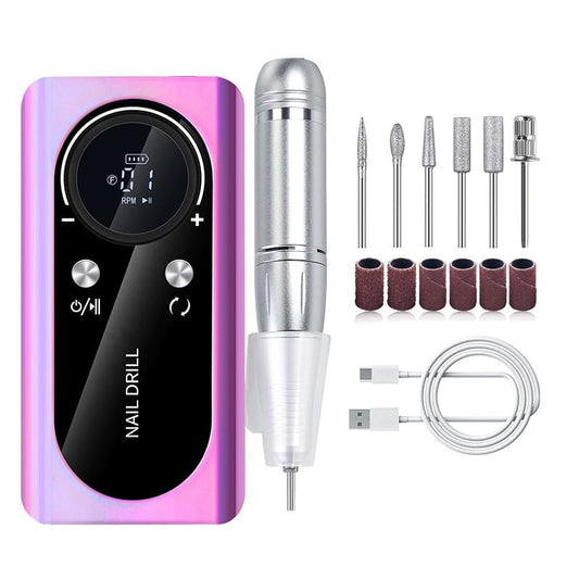 Purple portable rechargeable nail drill machine with metal handpiece and bit set