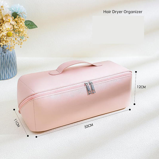 Pink PU leather travel case for hair tools with top handle and metal zipper