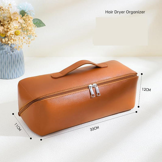 Brown PU leather storage case with top handle and metal zipper