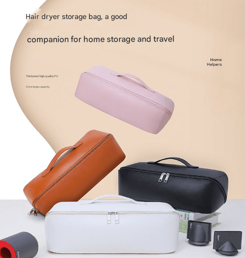 Hair dryer storage bag set of PU organizer cases in white, navy, and orange