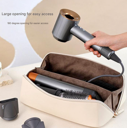 White Premium PU Leather Travel Case for Hair Styling Tools - Double Layer Waterproof Organizer Bag for Hair Dryer, Curler & Straightener