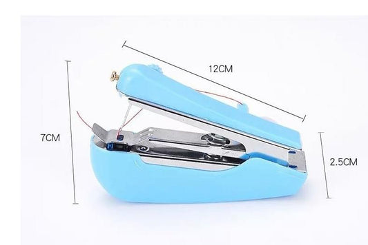 Blue mini handheld sewing machine, open needle area for manual stitching
