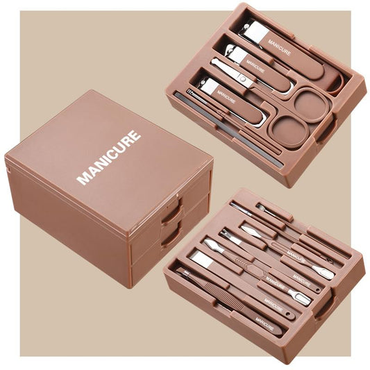 Brown manicure grooming tool kit with dual-drawer case and tools inside.
