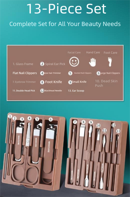 Brown Premium 13-in-1 Manicure & Grooming Kit - Professional Carbon Steel Pedicure Set with Dual-Drawer Case & Mirror