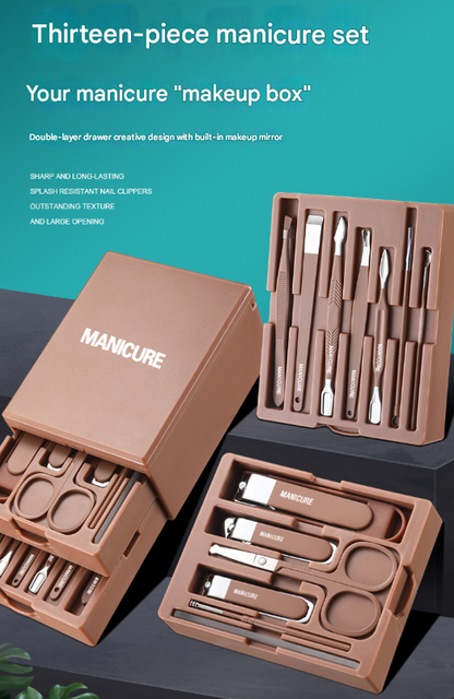 Yellow Premium 13-in-1 Manicure & Grooming Kit - Professional Carbon Steel Pedicure Set with Dual-Drawer Case & Mirror