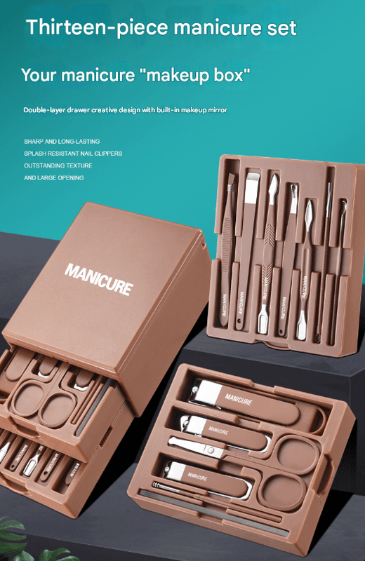 Manicure grooming set in dual-drawer case with metal tools and mirrored lid