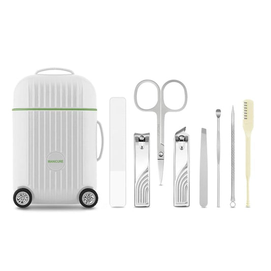 White mini manicure travel case with tool pieces, including clippers, scissors and file