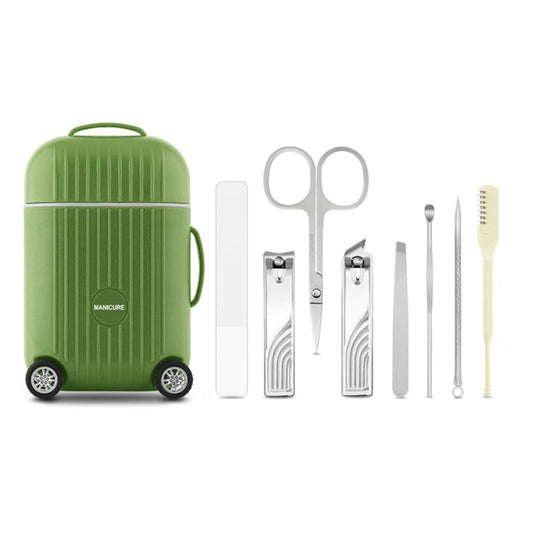 Green mini manicure suitcase with handle and four wheeled feet, closed and portable.