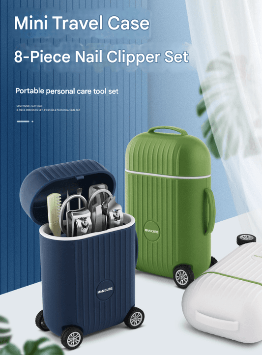 Green mini manicure suitcase case opened with tools inside, shown with a blue spare case.