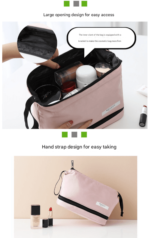 Pink makeup organizer bag with wide-open top, side hand strap, and internal compartments