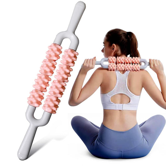 Dual-row spiky massage roller stick with pink spikes and gray handle