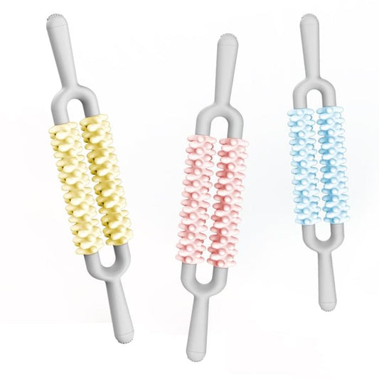 Set of dual-row spiky massage roller sticks with yellow, pink, and blue spikes