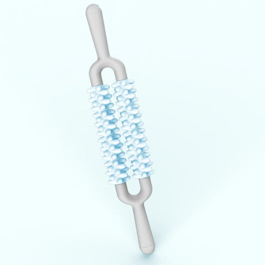 Dual-row spiky massage roller stick with light blue spikes on a white handle