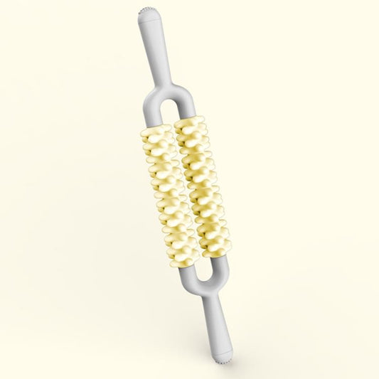 Spiky muscle roller massager with yellow dual-row spikes on light gray handle