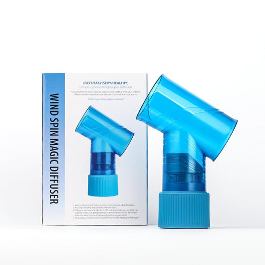 Blue hair dryer diffuser attachment with retail box