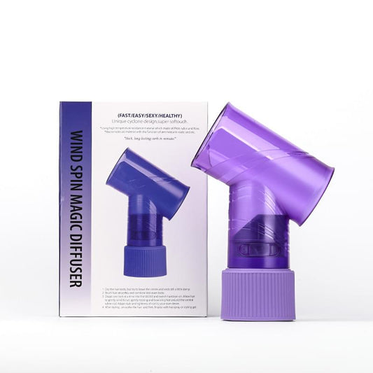 Purple hair dryer diffuser attachment with snap-on ribbed collar, shown with retail box